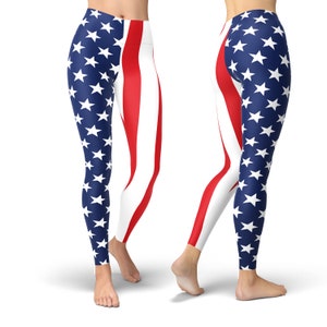 May include: A pair of leggings with a red, white, and blue American flag design. One leg features red and white stripes, while the other leg features blue stars on a white background.