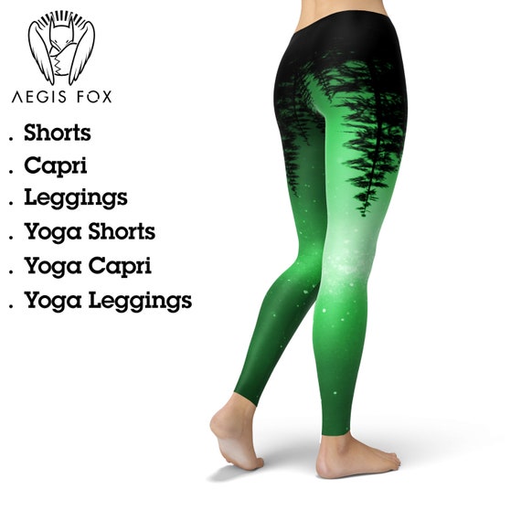 Mystic Forest Green Galaxy Leggings, Celestial Tree Print Yoga Pants,  Outdoor Hiking Clothes Women, Size XS-3XL Full Length Capri High Waist 
