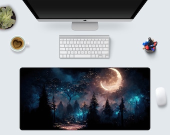 Enchanted Forest Desk Mat – Mystical Crescent Moon Night Sky – Extended Gaming Mousepad for Women