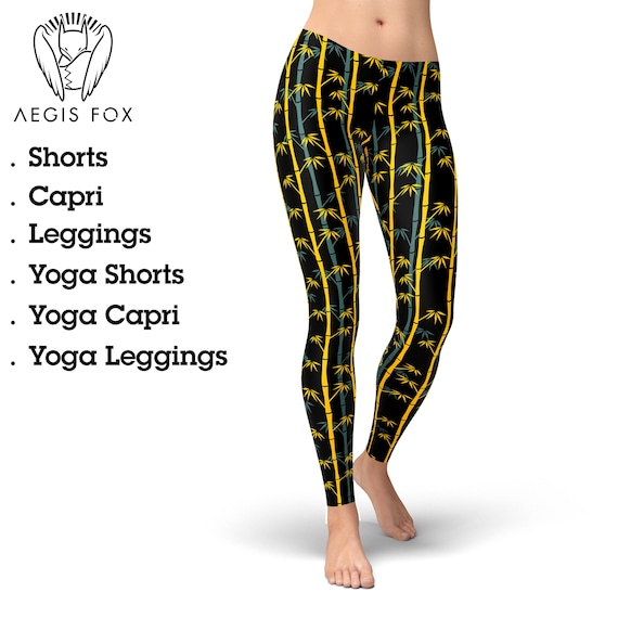 Bamboo Print Leggings - Yellow Teal Botanical High Waist Activewear