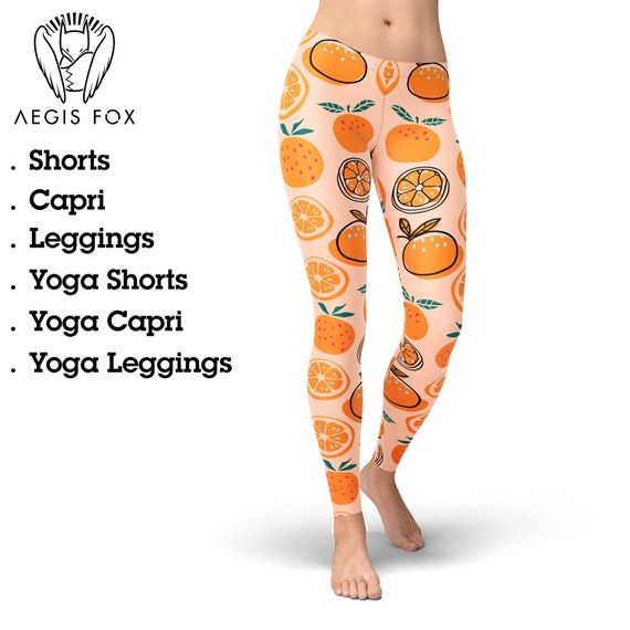 Оrange Leggings for Women, Fruit Leggings, Yoga Pants, Workout Leggings,  Printed Leggings, Hight Waist Leggings, Capri Leggings 