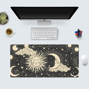 Astrology Black Witchy Celestial Desk Mat, Mystical Sun Moon Large Desk Mat, Boho Extra Large Mouse Pad, Celestial Zodiac Extended Mouse Pad