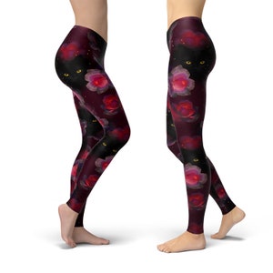 Black Cat Gothic Leggings – Dark Red Rose Floral Print for Women image 4