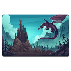 May include: A purple dragon flies over a dark, gothic castle on a rocky hilltop. The dragon has large wings and a long tail. The castle has tall towers and a pointed roof. The background is a blue sky with clouds.