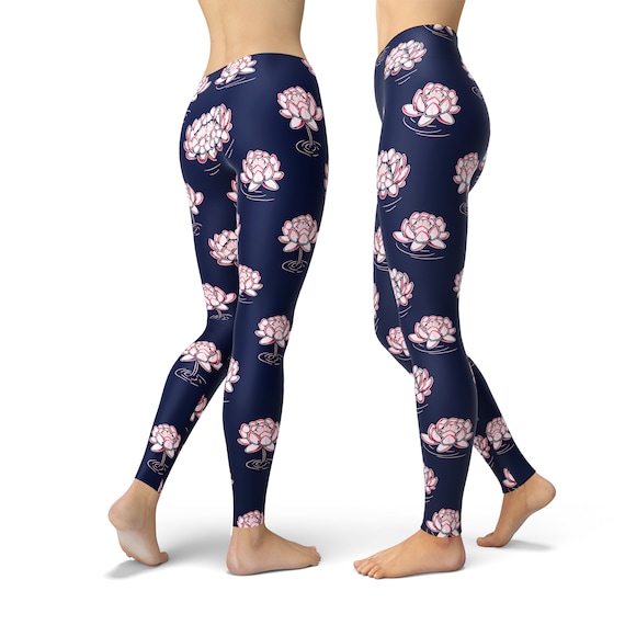Pink Lotus Yoga Pants, Pink Lotus on Dark Blue Leggings, Lotus