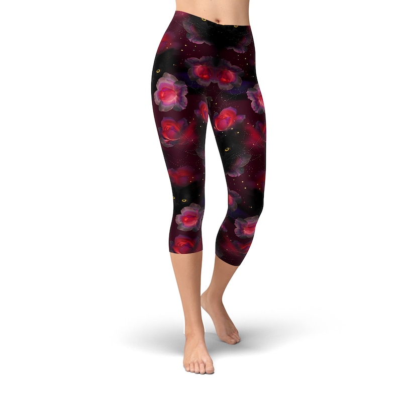 Black Cat Gothic Leggings – Dark Red Rose Floral Print for Women image 8