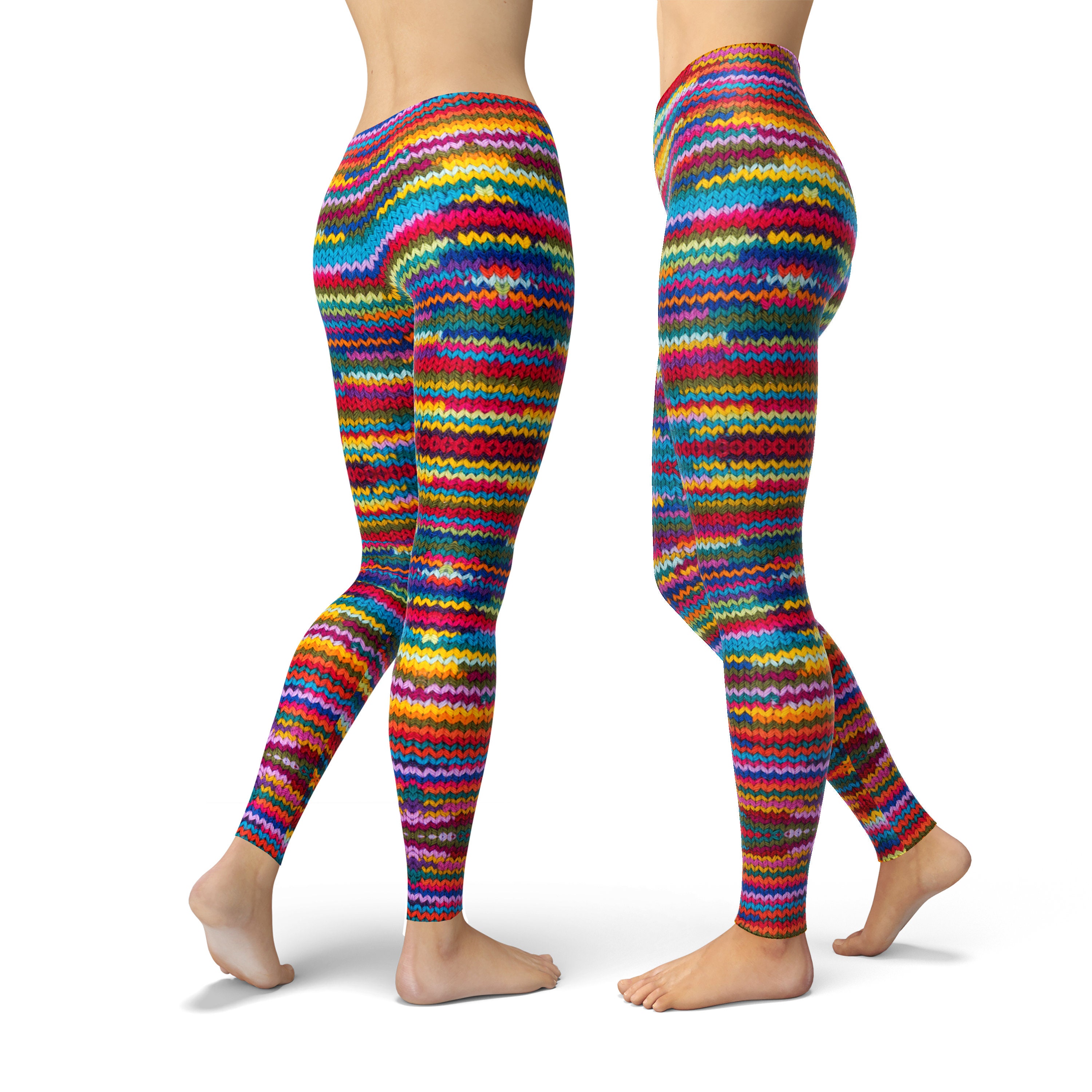 Multi-Colored 90's Vibe Knit Leggings with Striped Waistband