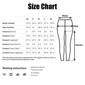 May include: Size chart for women's leggings, yoga pants, and shorts. The chart shows waist, hip, and inseam measurements in inches for sizes XS to XL. Washing instructions are listed below the chart.