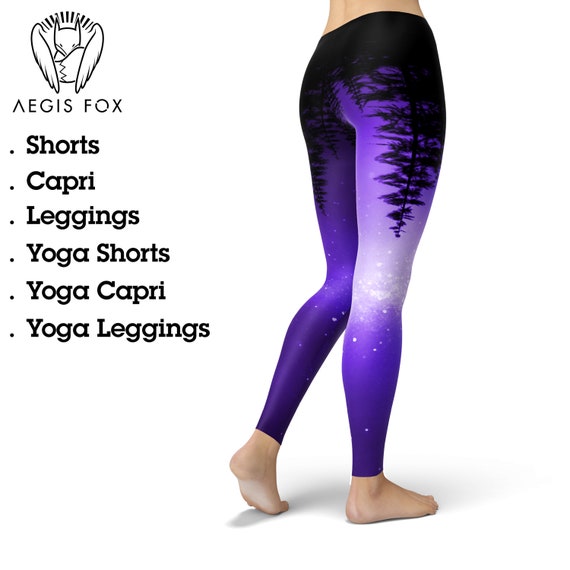 Mysterious Purple Forest Galaxy Leggings, Nature Inspired Yoga