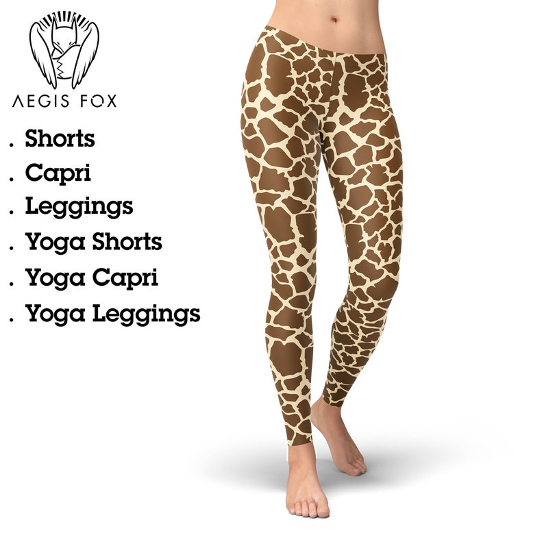 May include: Brown and cream leggings with a giraffe print pattern. The leggings are form-fitting and have a high waist.
