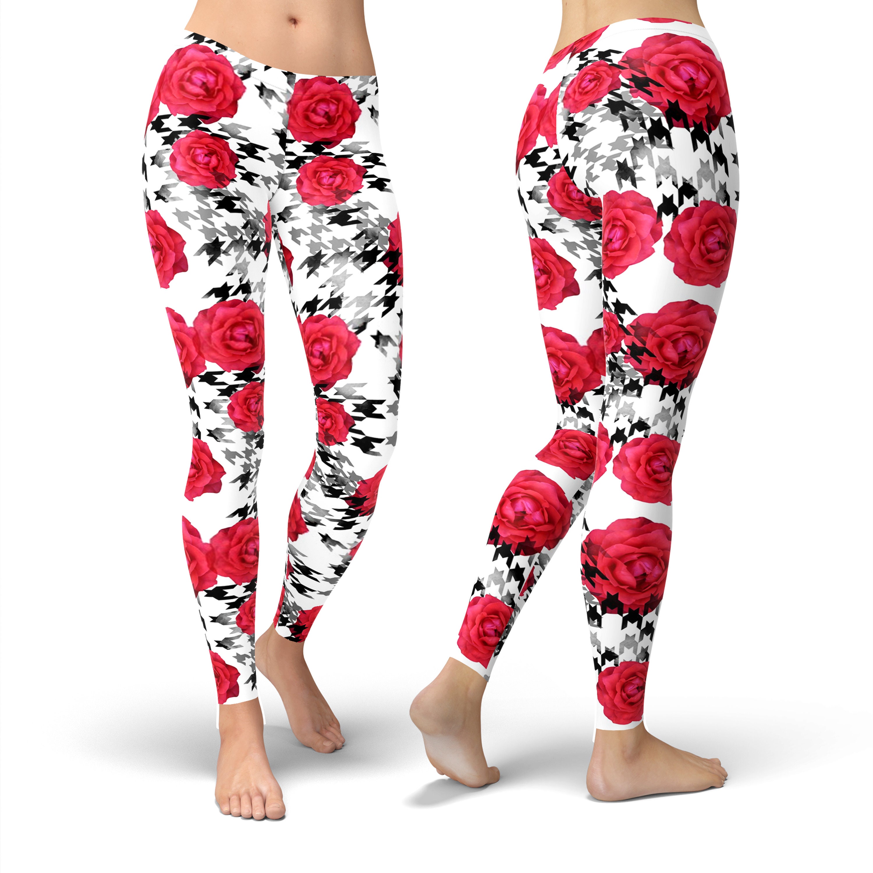 Houndstooth Flower Leggings Floral Yoga 