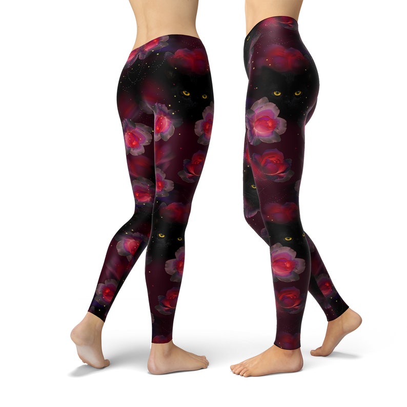 Black Cat Gothic Leggings – Dark Red Rose Floral Print for Women image 2