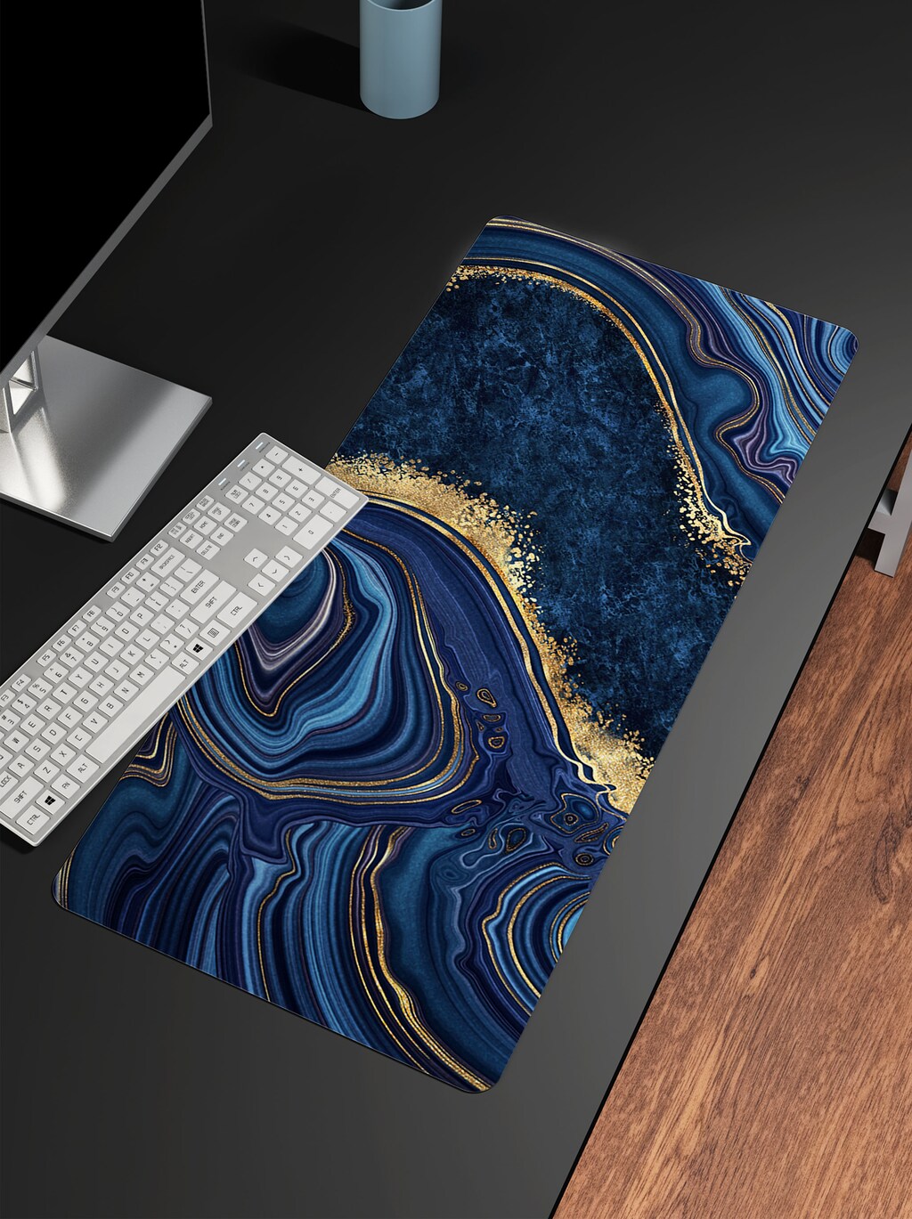 Set Tappetino Scrivania 4 In 1 Con Poggiapolsi E Sottobicchiere – Marmo Blu E Oro, Grande Mousepad Ergonomico