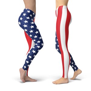 May include: Two pairs of leggings with an American flag design. One pair features red and white stripes, while the other pair features blue stars on a white background.