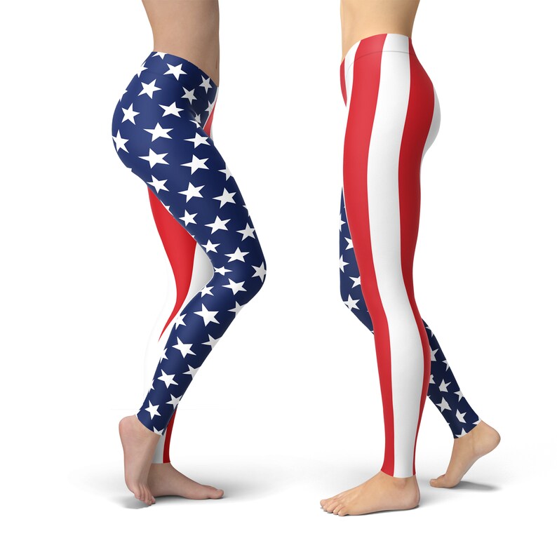 May include: Two pairs of leggings with an American flag design. One pair features red and white stripes, while the other pair features blue stars on a white background.