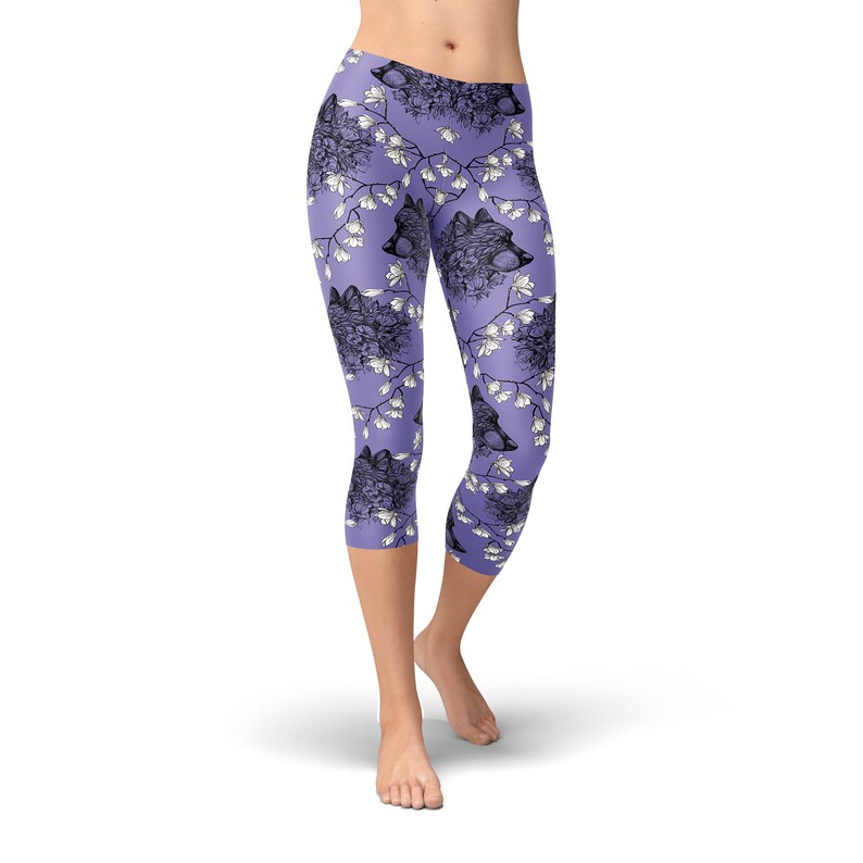 Wolf Floral Leggings – Purple Woodland Boho Print for Women image 7