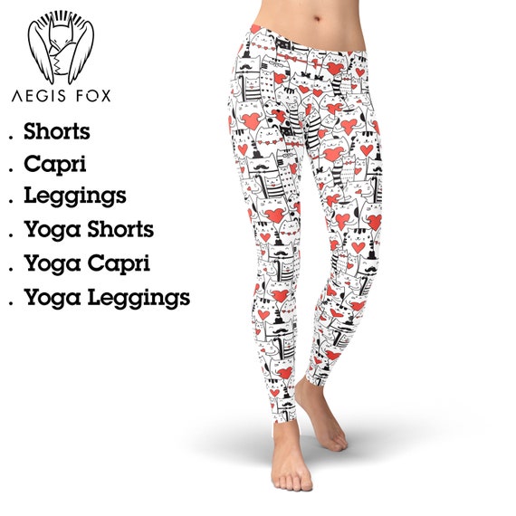 Cute Valentine Legging, Cute Cat Leggings, Valentine's Day Leggings,  Printed Leggings, Yoga Pants, Yoga Capris, Yoga Tights 