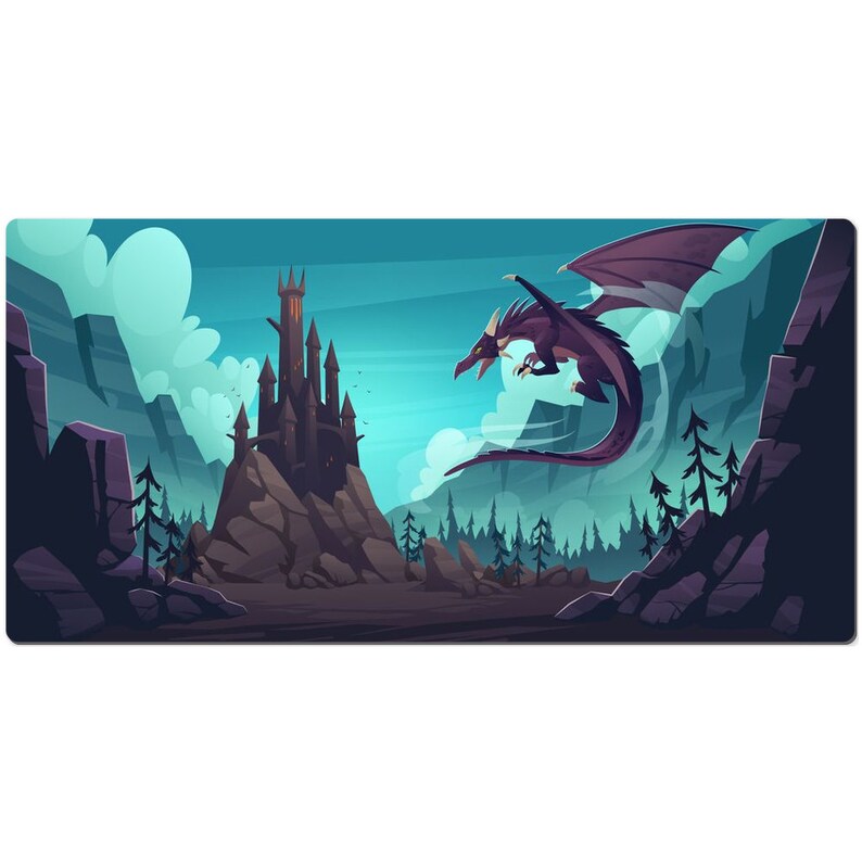 May include: A purple dragon flies over a dark stone castle in a fantasy landscape. The dragon has a long tail and sharp claws. The castle has tall towers and a pointed roof. The background is a blue sky with white clouds.