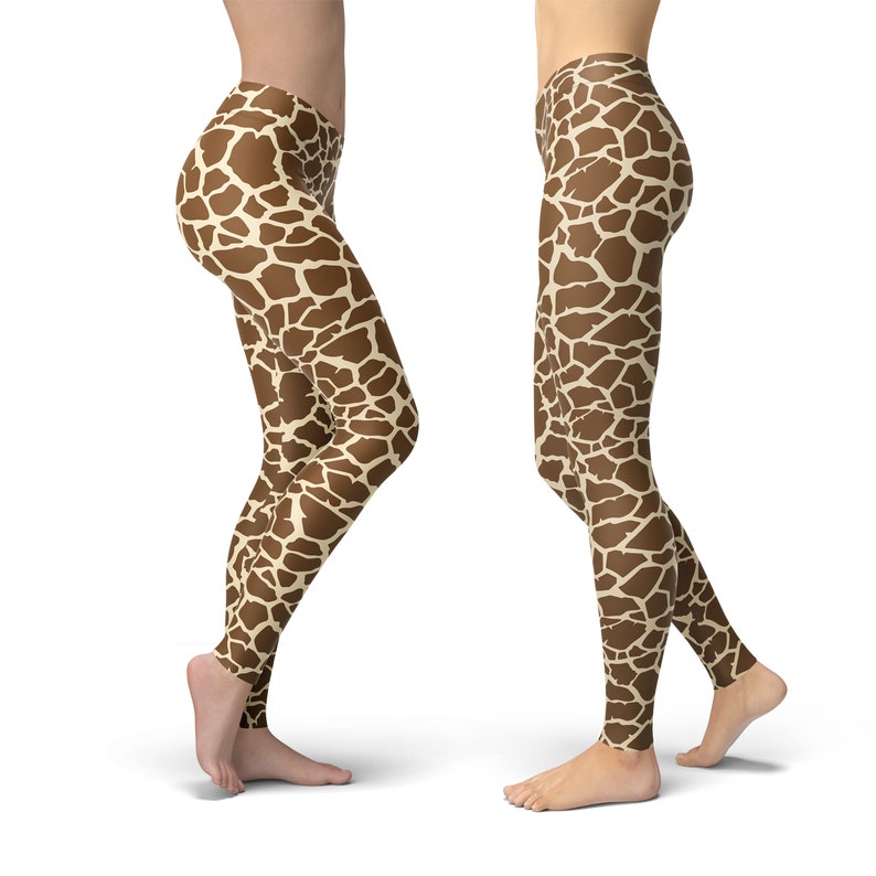 May include: A pair of brown and beige leggings with a giraffe print pattern.