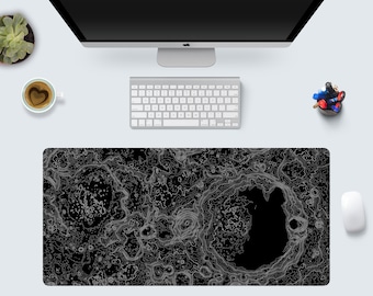 Moon Topographic Map Desk Mat, Large Gaming Mousepad, Black Desk Pad 10x16 12x18 14x24 18x36