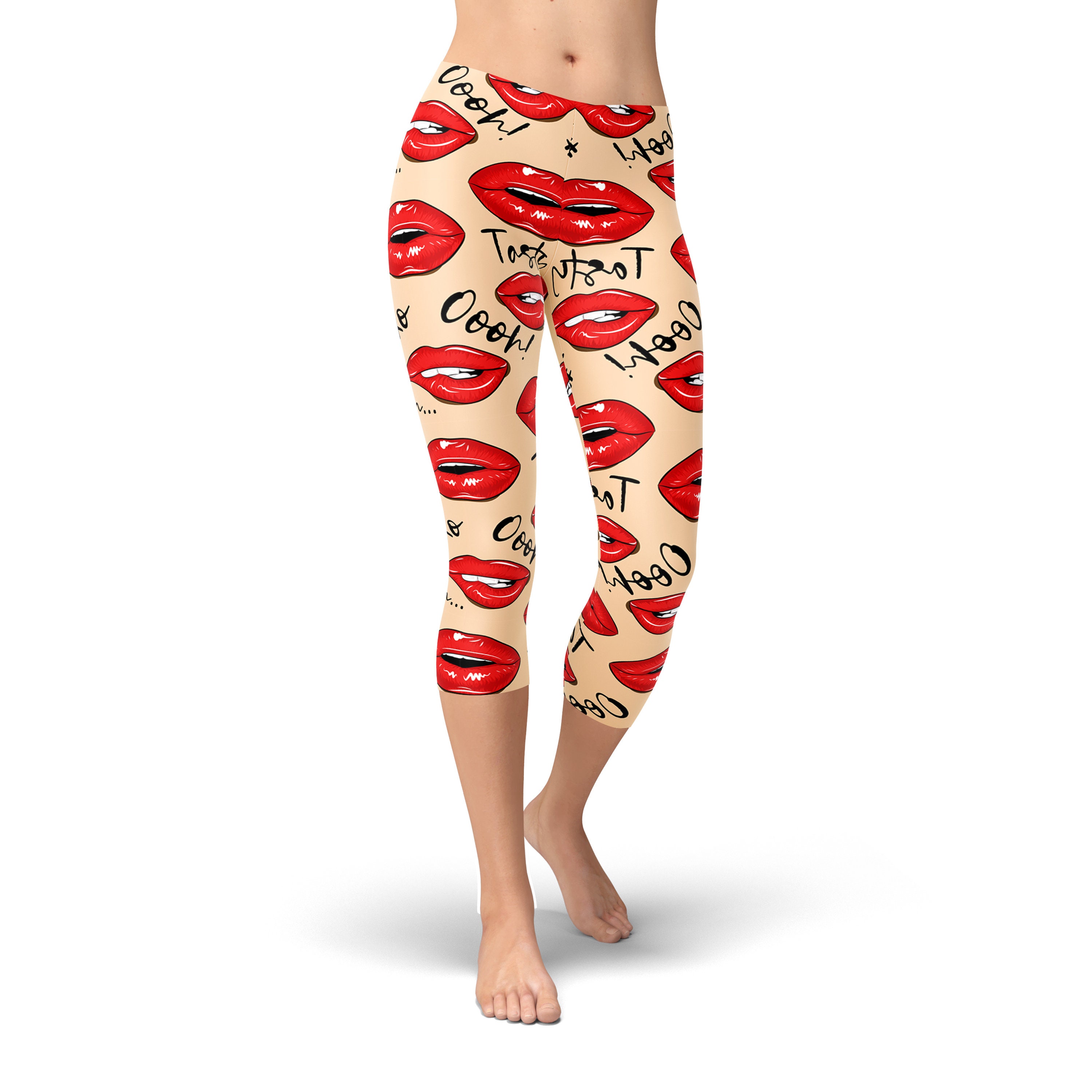 Leggings Femme One Size Motif Lips – Douceur Beurre, Bleu, 88% Polyester 12% Spandex