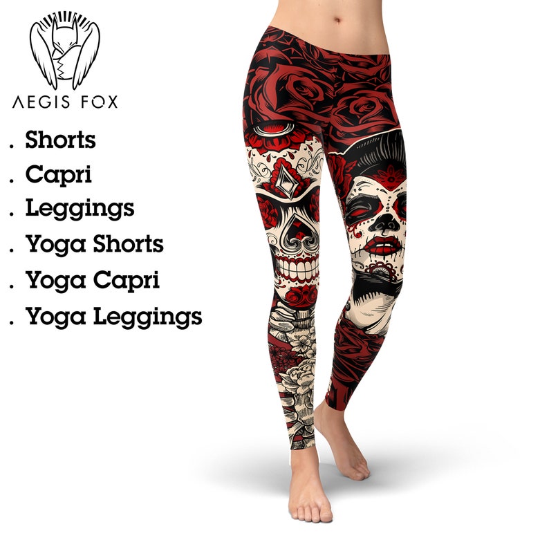 May include: Red and white leggings with a skull and sugar skull design. The leggings are available in shorts, capri, and full length.