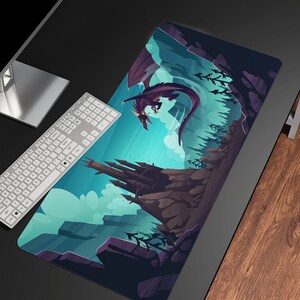 May include: A purple dragon flies over a dark castle on a blue and green mountain landscape. The mousepad is designed with a cartoon style.
