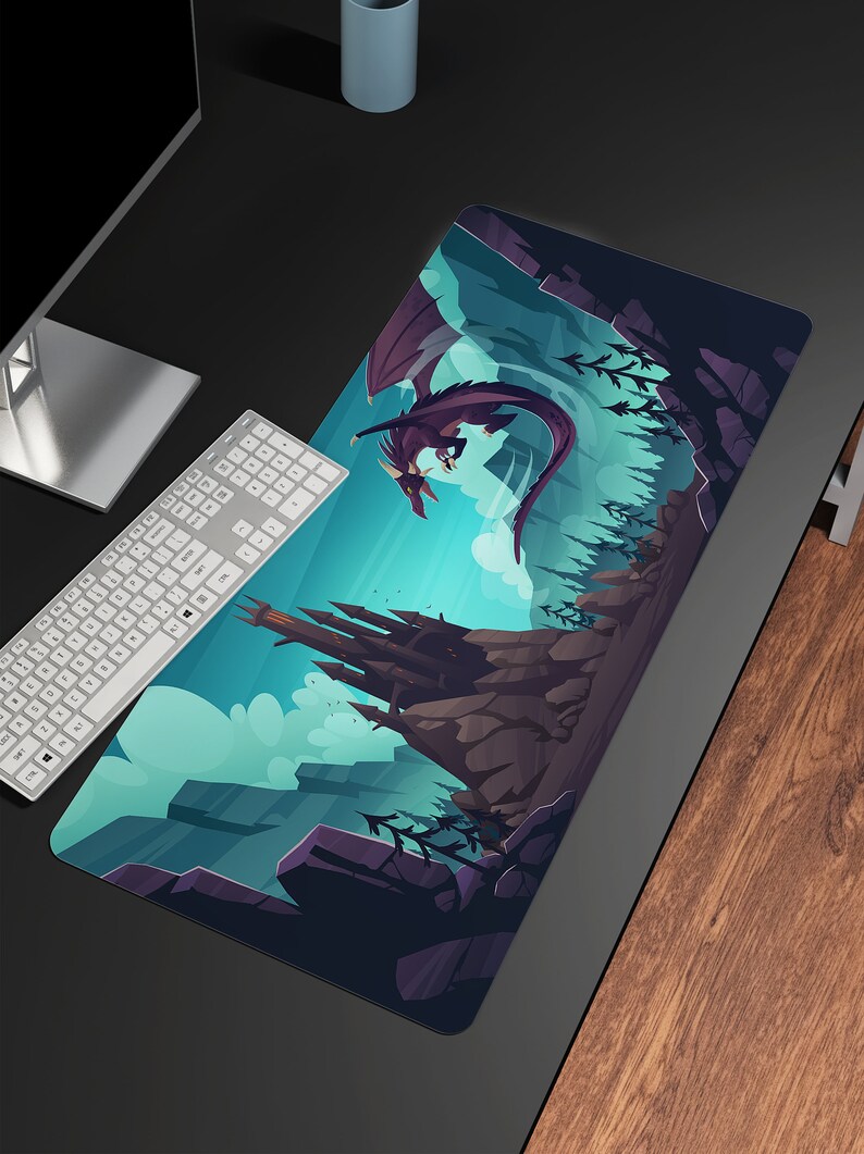 May include: A purple dragon flies over a dark castle on a blue and green mountain landscape. The mousepad is designed with a cartoon style.