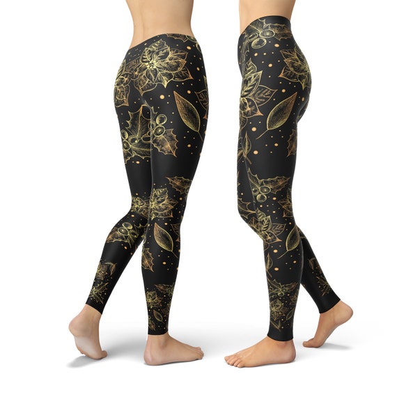 Black Gold Leggings Vintage Flowers Leggings Floral Printed