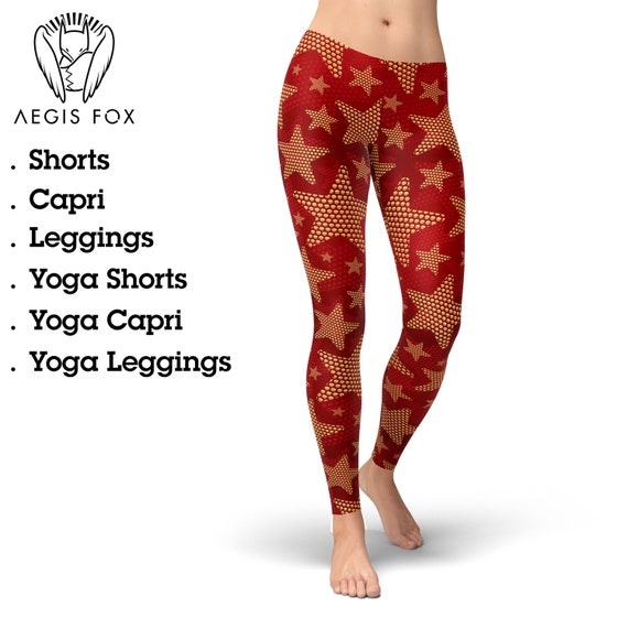 Red Stars Leggings for Women, Golden Stars Yoga Pants, Luxury