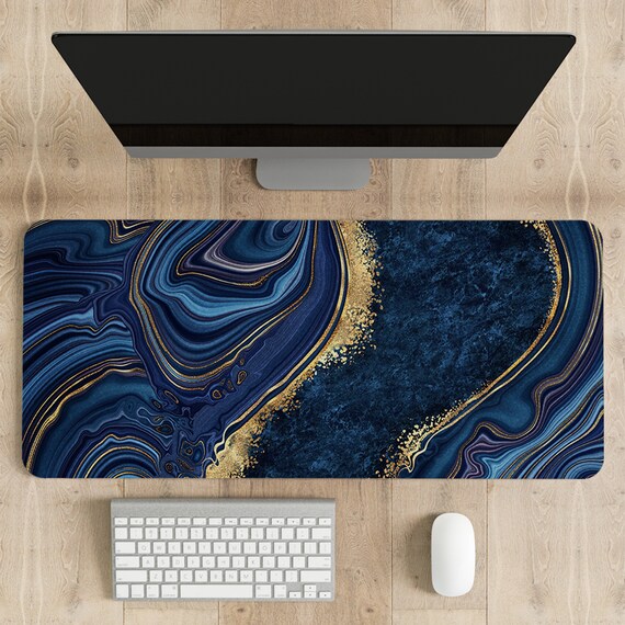Set Tappetino Scrivania 4 In 1 Con Poggiapolsi E Sottobicchiere – Marmo Blu E Oro, Grande Mousepad Ergonomico