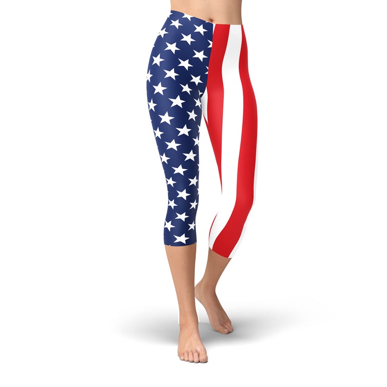 May include: A pair of blue and red capri leggings with a design that resembles the American flag.