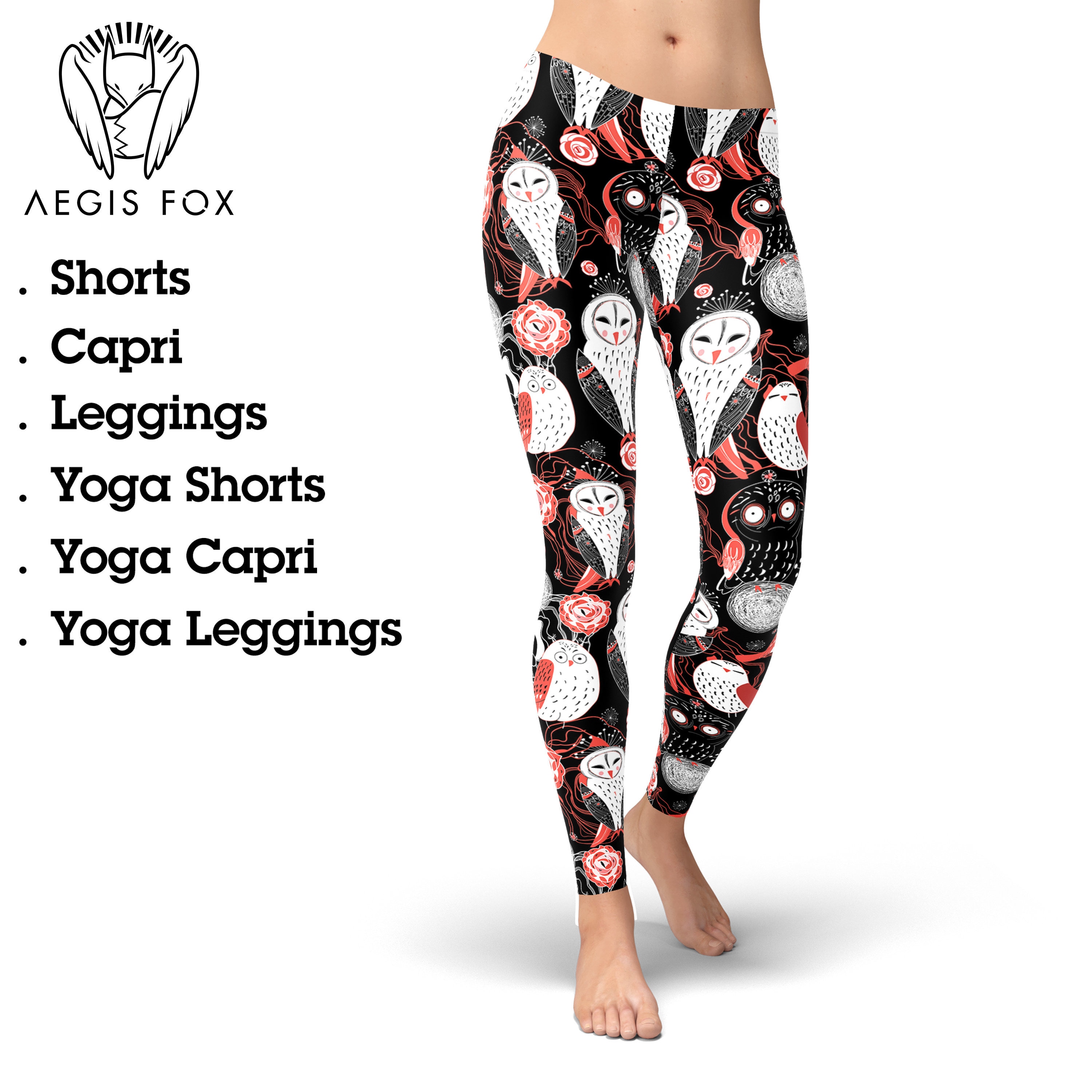 Owl Print Leggings &ndash; Black Red Floral Bird Pattern &ndash; Yoga Pants for Women