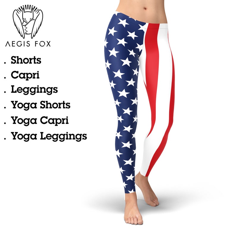 May include: A pair of leggings with a split design featuring the American flag. One leg is blue with white stars, and the other leg is red and white stripes.