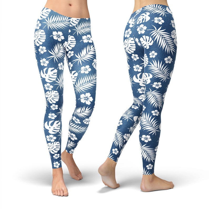 Tropical Spring Pattern on Denim Hight Waist Leggings Floral | Etsy