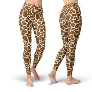 May include: Brown and tan patterned leggings with a giraffe print.