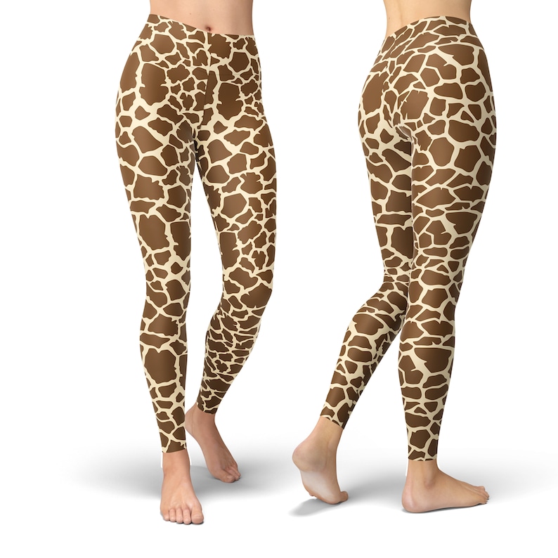 May include: Brown and tan patterned leggings with a giraffe print.