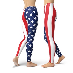 May include: Two pairs of leggings with an American flag design. One pair features red and white stripes, while the other pair features blue stars on a white background.