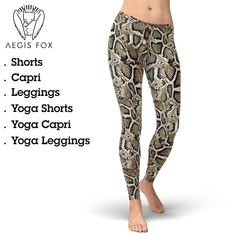 May include: A pair of leggings with a brown and tan snake skin pattern. The leggings are form-fitting and have a high waist.