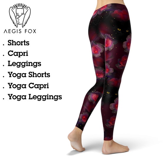 Black Cat Gothic Leggings – Dark Red Rose Floral Print for Women