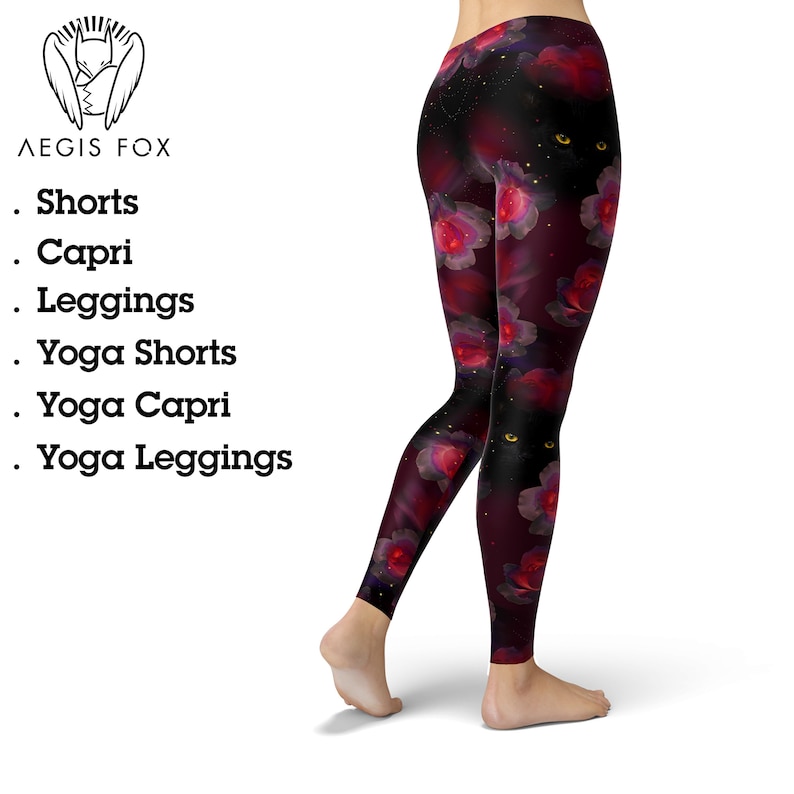 Black Cat Gothic Leggings – Dark Red Rose Floral Print for Women image 1