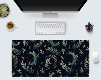 Black Boho Moon Desk Mat: Botanical Crescent Mouse Pad