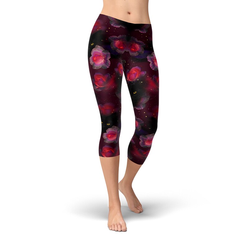 Black Cat Gothic Leggings – Dark Red Rose Floral Print for Women image 7