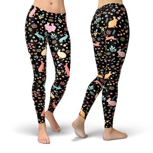 Rabbits in hearts and flowers printed leggings, Easter leggings for women, bunny leggings, carrot Leggings, Easter costume, Easter outfit image 5