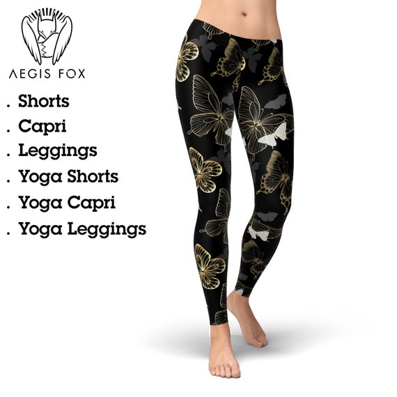 Butterfly Leggings, Black Gold Leggings, Gold Butterfly Print