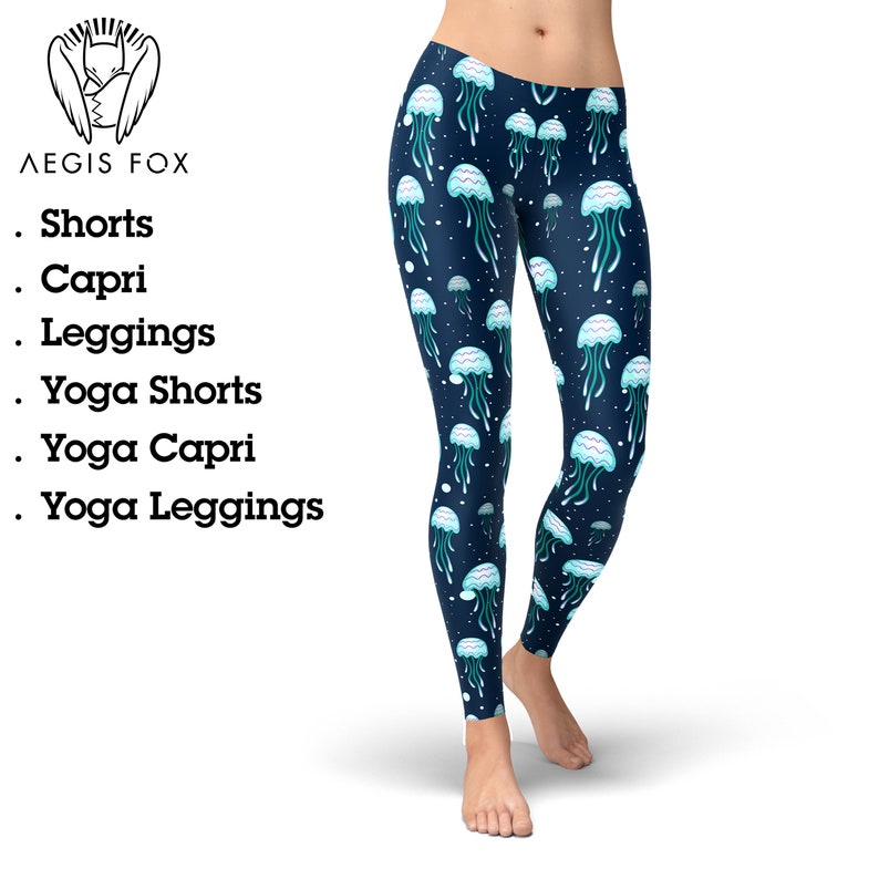 May include: Blue leggings with a pattern of white and blue jellyfish. The leggings are available in shorts, capri, leggings, yoga shorts, yoga capri, and yoga leggings.