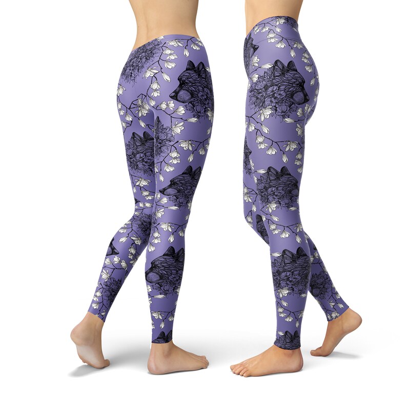 Wolf Floral Leggings – Purple Woodland Boho Print for Women image 2