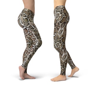 May include: A pair of brown and tan leggings with a snake skin pattern.