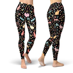 Rabbits in hearts and flowers printed leggings, Easter leggings for women, bunny leggings, carrot Leggings, Easter costume, Easter outfit image 6