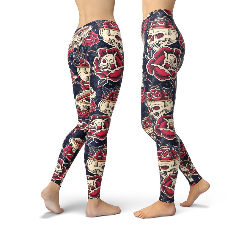 May include: A pair of black leggings with a skull and rose print. The leggings feature a repeating pattern of red roses and white skulls.